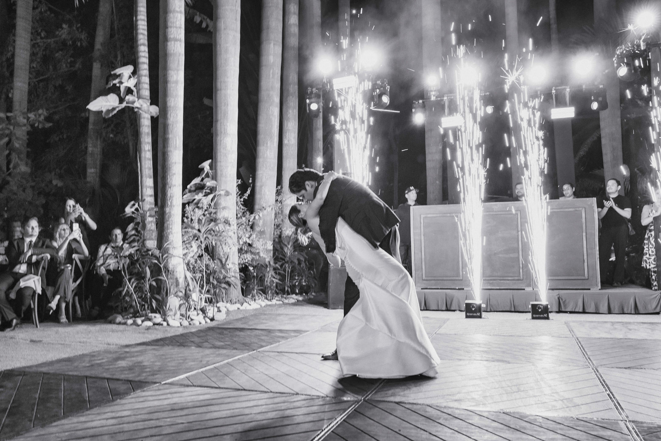 First dance with sparklers, black and white