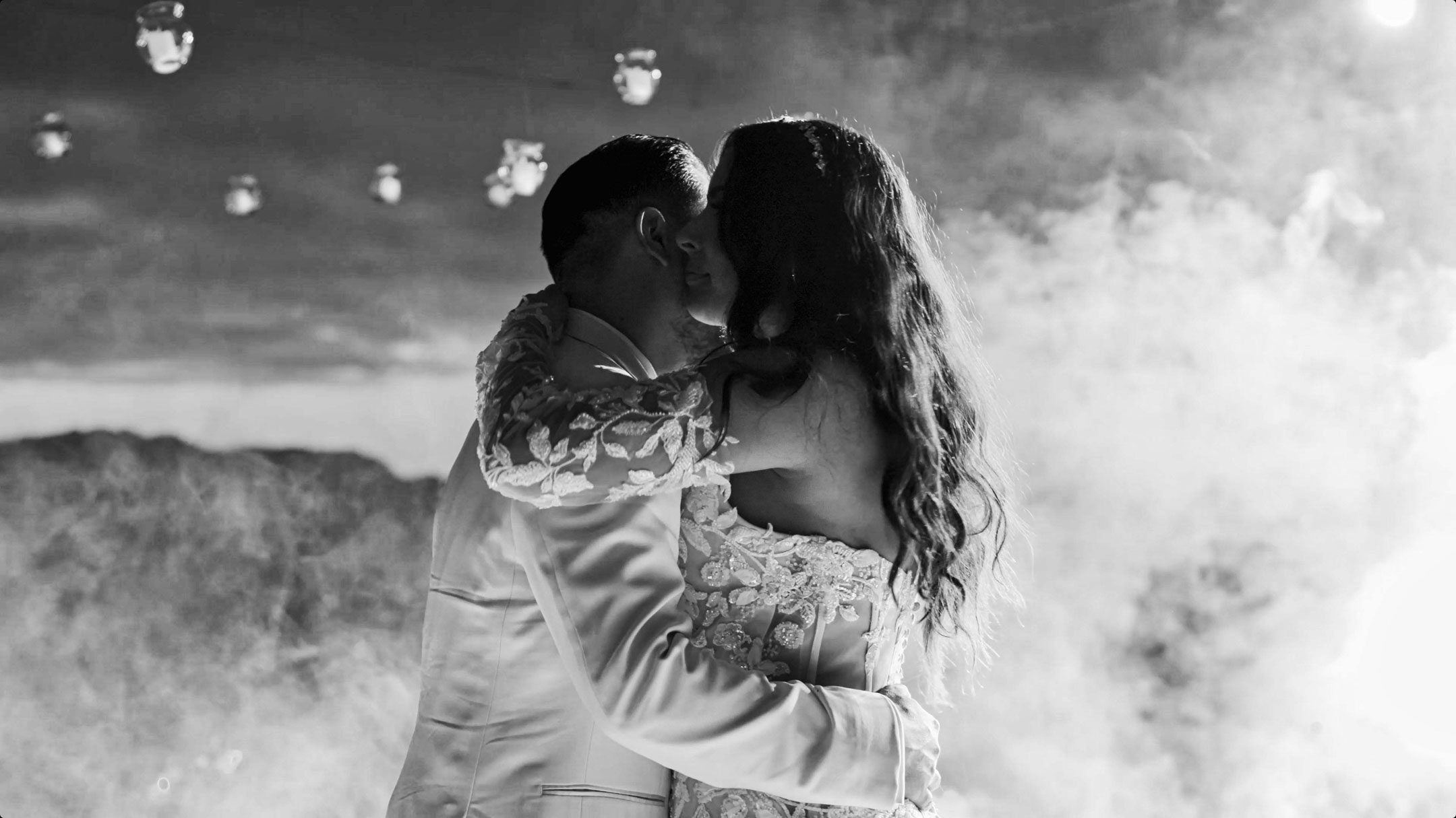Black and white first dance in the fog at a Puerto Vallarta wedding